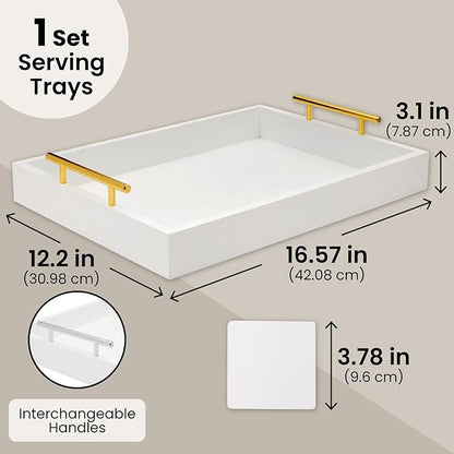 Juvale Ottoman Tray with Coasters & Interchangeable Gold & Silver Handles - 15.7" x 11.8" x 3.1" - White Rustic Wood Rectangular - Coffee Table Tray for Serving & Decorative Accents