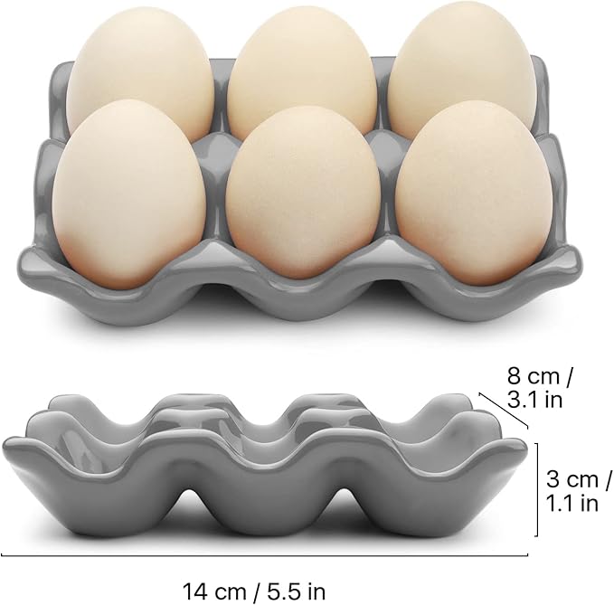 Flexzion Ceramic Egg Holder for Fridge - 6 Cups Egg Tray Half Dozen Porcelain Container Keeper Storage Organizer Decorative Serving Dish Serveware for Refrigerator Countertop Display Kitchen (Gray)