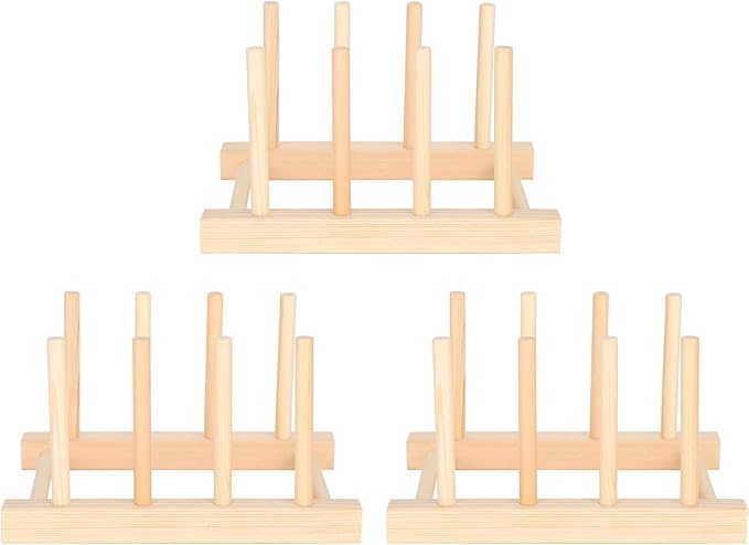 Estink Wooden Dish Drying Rack, 3 Set Multifunctional Drain Rack for Kitchen, Dinner Plate Storage, 5.5 x 5.3 x 3.9in
