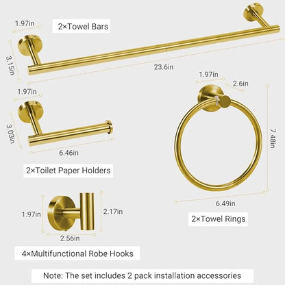 Gold Bathroom Towel Bar Set, 10-Piece Stainless Steel Hardware Bathroom Accessories, 24" Towel Racks for Bathroom Walls