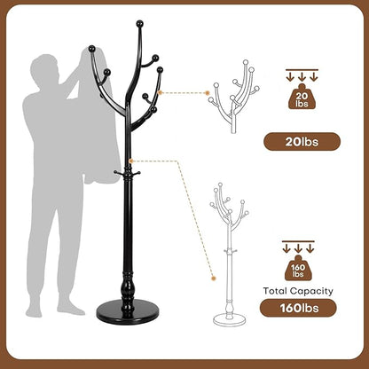Freestanding Rubberwood Coat Rack, 11 Hooks & 16.5" Wide Round Base, Wooden Coat Rack Stand, Coat Hanger Free Standing Hall Tree for Entryway, Hallway, Bedroom, Jacket, Clothes (Black)