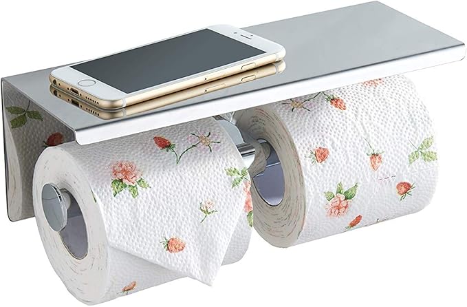 BGL Toilet Paper Holder - Stainless Steel Toilet Paper Roll Holder with Shelf Wall Mounted for Bathroom (Silver, Double Head)