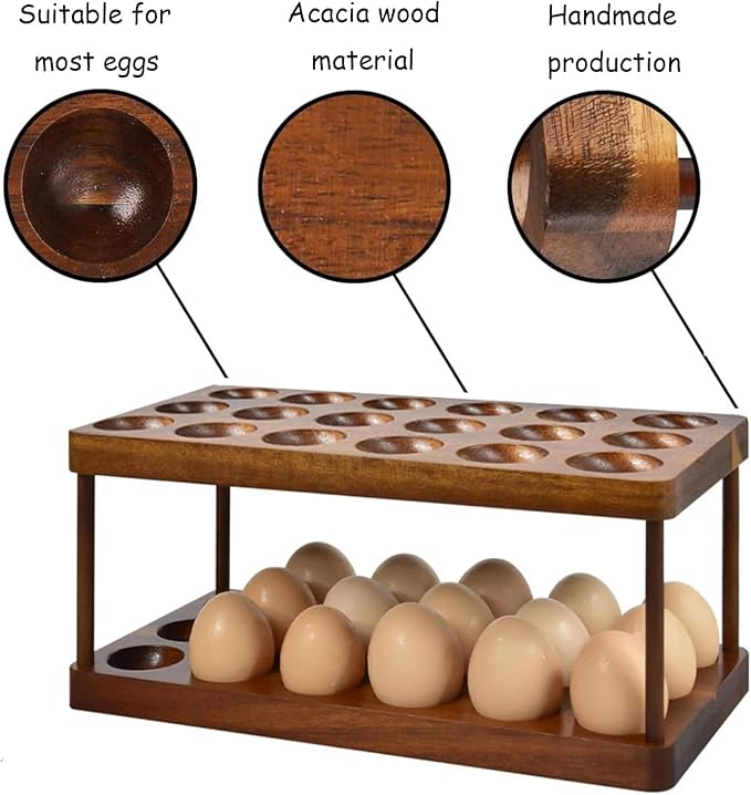 Acacia Wooden Double Layer Egg Holder, 36 Capacity Farmhouse Kitchen 2 Tier Fresh Egg Storage Rack Basket, Deviled Eggs Plates Eggs Tray Organizer for Countertop