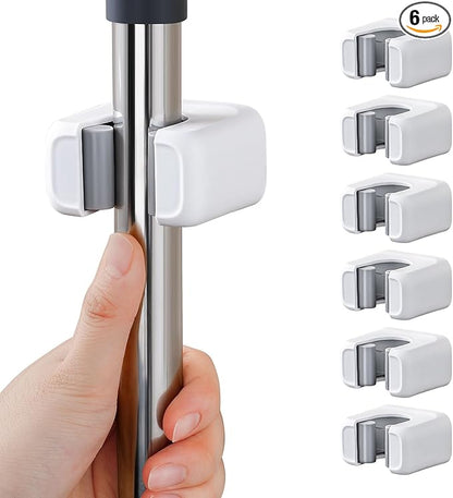 funest 6 Pack Mop and Broom Holder Wall Mount, No Drill Needed Self Adhesive, Non-Slip Mop Grippers for Tile Walls - Kitchen, Bathroom, Garage（White）