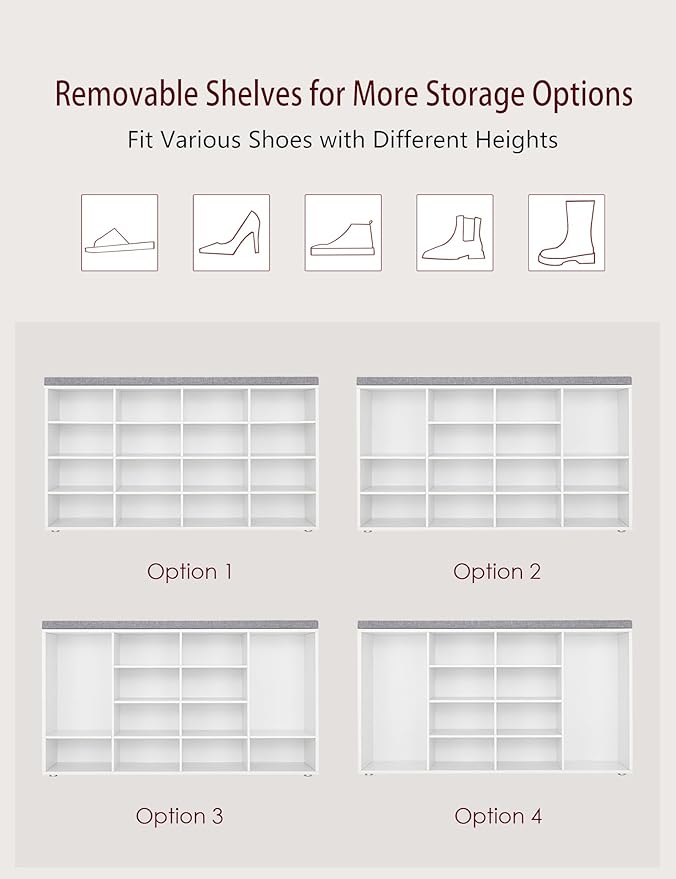 DINZI LVJ Shoe Storage Bench with Cushion, 16-Cubby Shoe Rack, Adjustable Shelves, Multifunctional Shoe Organizer Bench for Entryway, Mudroom, Hallway, Living Room, Bedroom and Garage, White