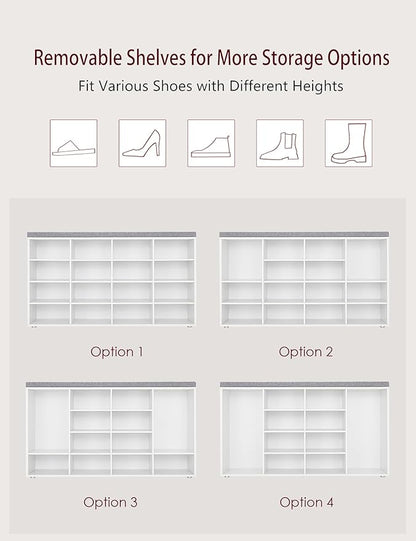 DINZI LVJ Shoe Storage Bench with Cushion, 16-Cubby Shoe Rack, Adjustable Shelves, Multifunctional Shoe Organizer Bench for Entryway, Mudroom, Hallway, Living Room, Bedroom and Garage, White