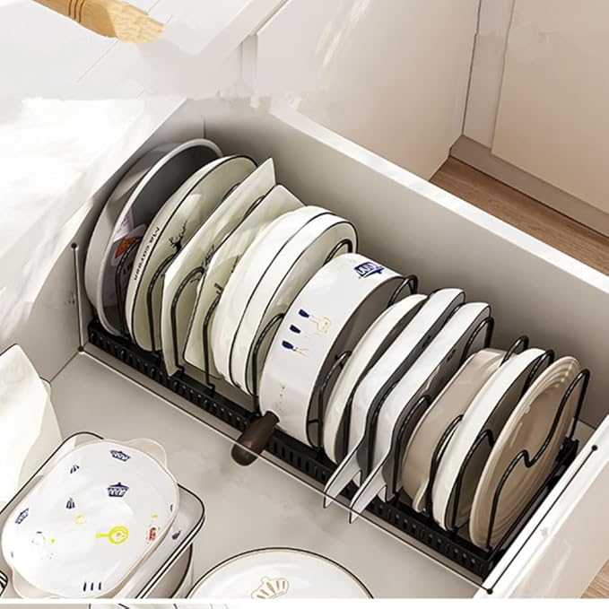 MAKIOTEKO Pots and Pans Organizer Under Cabinet, 10 Compartments Expandable Pot Lid Organizer Holder Rack for under Cabinet for Pots Cutting Board Cookware