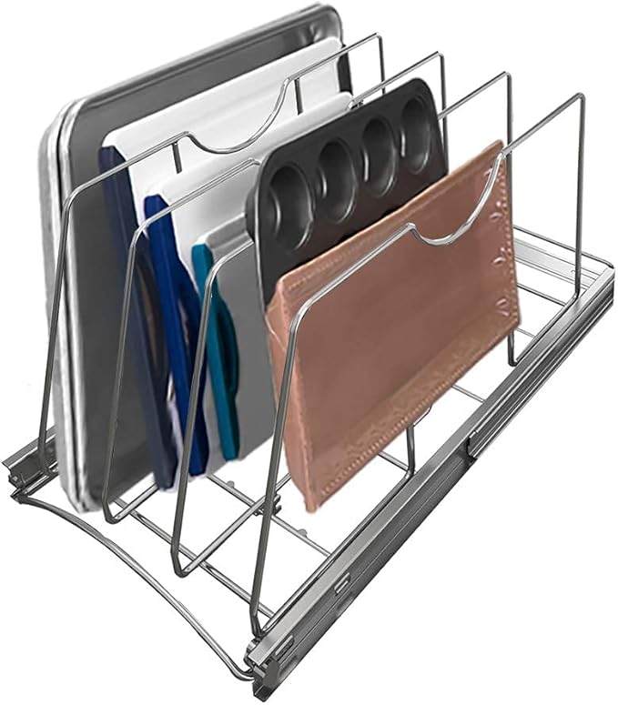 STORKING Pull Out Cookie Sheet Organizer for Cabinet, Pan and Pot Rack, Cutting Board Organizer Rack, Baking Tray Organizer for Cabinet, Adjustable Divider Width, 11" W x 22" D x 11.8" H, Chrome