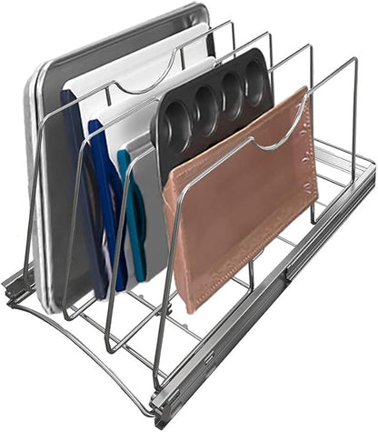 STORKING Pull Out Cookie Sheet Organizer for Cabinet, Pan and Pot Rack, Cutting Board Organizer Rack, Baking Tray Organizer for Cabinet, Adjustable Divider Width, 11" W x 22" D x 11.8" H, Chrome
