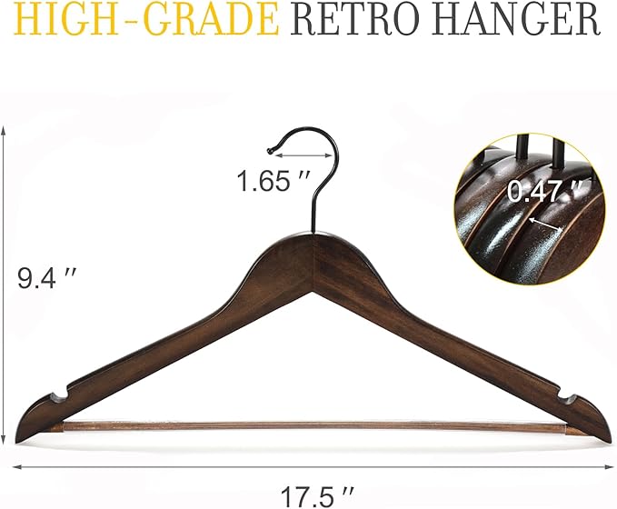 TOPIA HANGER Heavy Duty Wood Coat Hangers in Smooth Retro Finish, Boutique Quality Wooden Suit Hangers-Thicker Non-Slip Rubber Pants Bar and Extra Smoothly Cut Notches-360° Black Hook-18 Pack CT04A