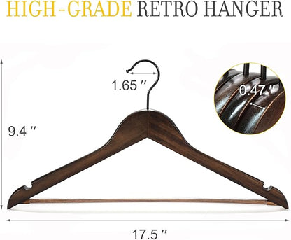 TOPIA HANGER Heavy Duty Wood Coat Hangers in Smooth Retro Finish, Boutique Quality Wooden Suit Hangers-Thicker Non-Slip Rubber Pants Bar and Extra Smoothly Cut Notches-360° Black Hook-18 Pack CT04A
