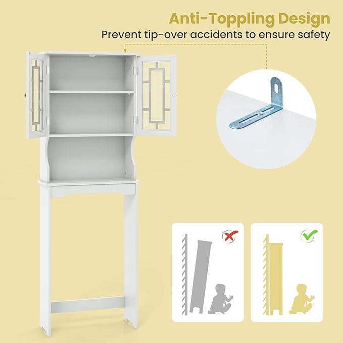 BestComfort Over The Toilet Storage Cabinet, Home Bathroom Space Saver Organizer Above Toilet, Double Doors and Adjustable Shelf, Wooden Freestanding Toilet Storage Rack Unit, 67 inch (White)