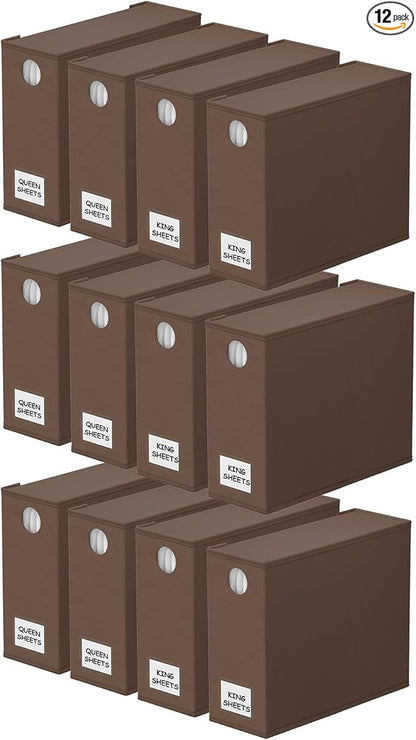 SpaceAid 12 Pack Bed Sheet Organizers and Storage, Foldable Sheet Organizer for Linen Closet, Sheets Set Folder Keeper with Window XL (Queen & King Size) Bedding Container (Brown, 12 Pack)