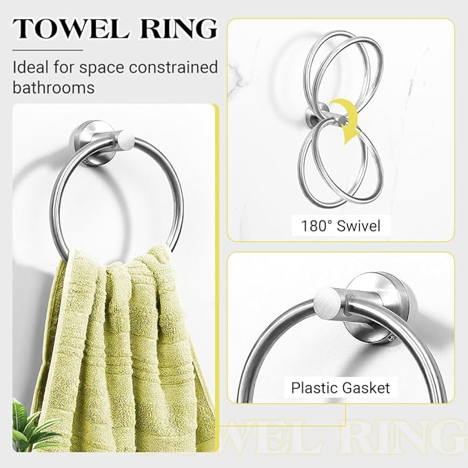 Brushed Silver Bathroom Towel Bar Set, 5-Piece Stainless Steel Hardware Bathroom Accessories, 16" Towel Racks for Bathroom Walls