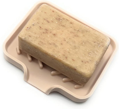 Happitasa Silicone Soap Dish Tray and Sponge Holder with Drain Chute and Feet | 3-Way Sloped Design | Bathroom and Kitchen Sink Organizer Caddy (Sand Dollar, 5"x4")