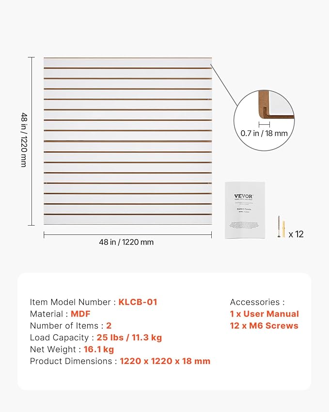 VEVOR Slat Wall Paneling, 4 x 4 ft, MDF Garage Slatwall with Modular Design, White Slat Wall Easy-to-Install Adjustable Slatwall Panel with Coupling Structure & DIY Cutting, Fits for Storage & Display