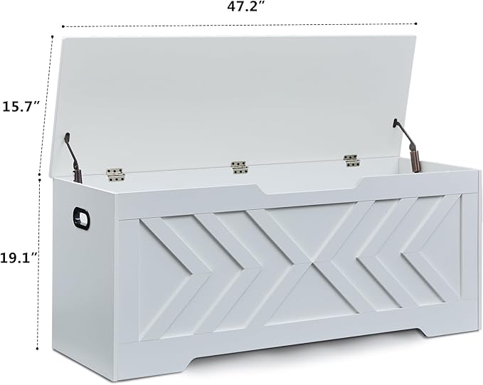 47.2” Storage Bench,Extra Large Wooden Storage Chest with 2 Safety Hinges,entryway Bench,Blanket Storage,Shoe Storage Bench for Entryway,Bedroom,Living Room,Easy Assembly. (White, 47.2x15.7x19)