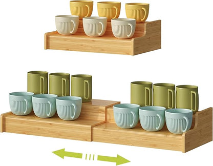 2-Tier Expandable Bamboo Mug Holder Coffee Mug Rack Organizer for Countertop, Multi-Functional Mug Display Shelf for Coffee Bar, Kitchen, and Home (15.75"~30.71")