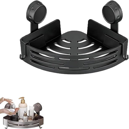 Triangle Suction Cup Shower Caddy, Corner Shower Shelves No Drilling, Aluminum Upgrade Suction Cup Shower Organizer with Towel Bar & Hooks, Heavy-Duty Strong Hold (Black, 1pc)