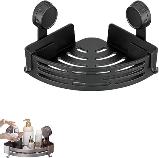 Triangle Suction Cup Shower Caddy, Corner Shower Shelves No Drilling, Aluminum Upgrade Suction Cup Shower Organizer with Towel Bar & Hooks, Heavy-Duty Strong Hold (Black, 1pc)