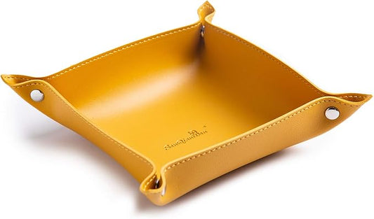 SANQIANWAN Leather Jewelry Valet Tray for Women and Man, Portable Entryway Table Tray Bedside Nightstand Desk Tray Small Catchall Travel Dish Plate for Key,Wallet,Watch,Coin (8x8, Yellow-B)