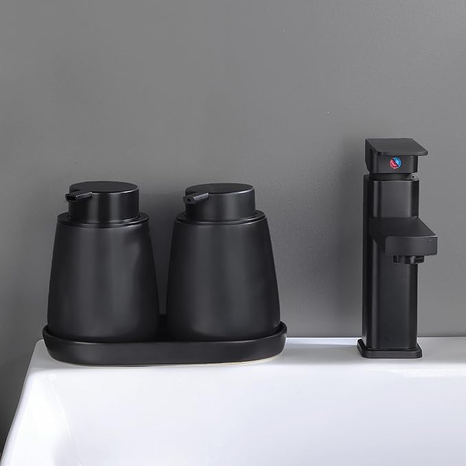 Eyrozia Matte Black Round Soap Dispenser Tray - 8'' Ceramic Vanity Tray for Bathroom Decorative, Jewelry Ring Dish, Comestic Holder, Kitchen Sink Countertop Organizer Plate