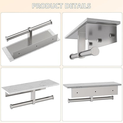 Marble Toilet Paper Holder with Shelf,Doulble Bathroom Tissue Roll Holder,304 Stainless Steel Toilet Paper Holder Wall Mounted,Modern Tissue Holder for Bathroom Washroom,Brushed Nickel