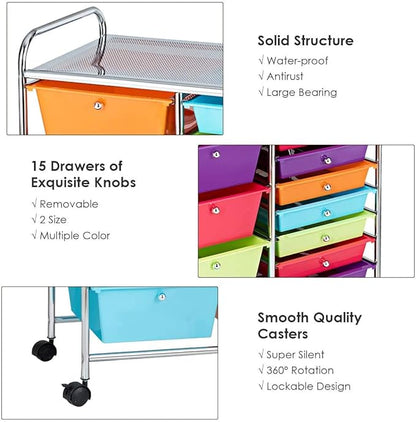 ARLIME 15-Drawer Storage Cart, 15 Drawer Trolley, Rolling Organizer Cart, Scrapbook Paper Organizer, Suitable for Office and School, Rolling Office Storage Tools (Multicolor)