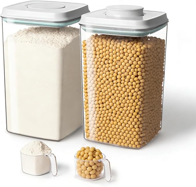 Airtight Food Storage Containers Set with One-Touch Lid, 2-Pack (4.22 QT / 4.0 L) Tall Stackable Durable PET for Bulk Rice, Flour & Baking Essentials Organizer.