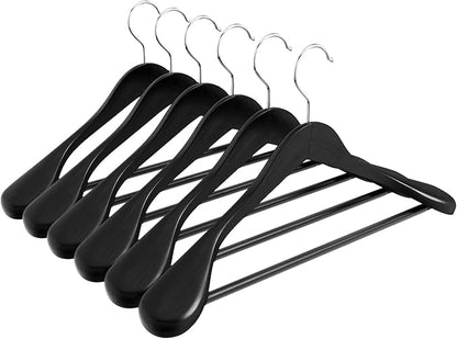 ABHENG Solid Wood Suit Hangers, 6 Pack, Coat Hangers with Non Slip Trouser Bar, 360° Swivel Hook, Heavy Duty Wide for Suit, Coat, Jacket, Trousers, Pants,17.3" W x 9" H, Black AWY0406B
