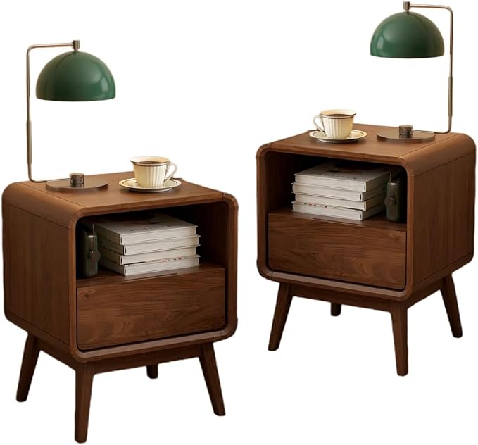 Vadisun Walnut Night Stand Set of 2, Solid Wood Nightstand with Drawer, Walnut Bedside Table, Mid Century Modern Nightstand, Small Bed Side Table for Small Spaces Bedroom(Dark Black Walnut, 20.47" H)