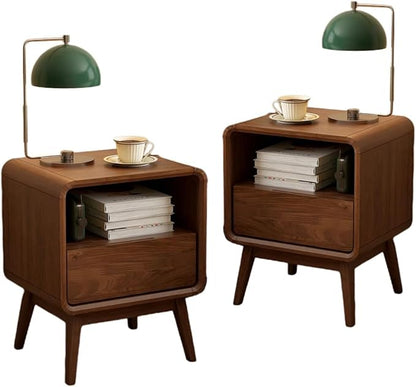 Vadisun Walnut Night Stand Set of 2, Solid Wood Nightstand with Drawer, Walnut Bedside Table, Mid Century Modern Nightstand, Small Bed Side Table for Small Spaces Bedroom(Dark Black Walnut, 20.47" H)