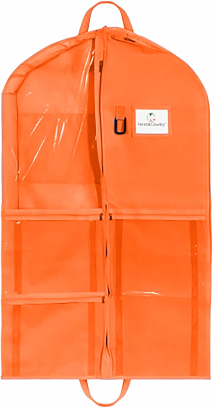 Enhanced Hanging Garment Bag with multiple clear Pockets, carrying straps, front and Side Zippers for Clothes, Dance Costumes, Cheer uniforms, and pageant dresses. (TigerOrange, 40 inch)