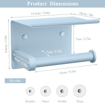 Tindbea Toilet Paper Holder with Phone Shelf, Adhesive or Screw Wall Mount Toilet Tissue Roll Holder, Rustproof & Multifunctional Stainless Steel Bathroom Storage Dispenser (Sky Blue)