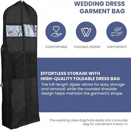 Sturdy Oxford polyester fabric - 72" Wedding Dress Garment Bag - Shoulder Strap - Accessory Pockets - Attaches to Suitcase – Waterproof – Trifold – Designed for Full Skirts – Carry Handle (Black)