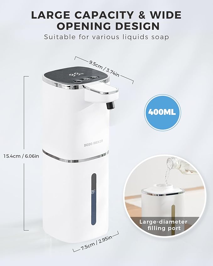 DODO MEKIA Automatic Foaming Soap Dispenser, 13.5oz/400mL, USB Rechargeable, 9-Adjustable Foam Levels, IPX5 Waterproof, Touchless & Wall/Tabletop Use for Kitchen Bathroom, White