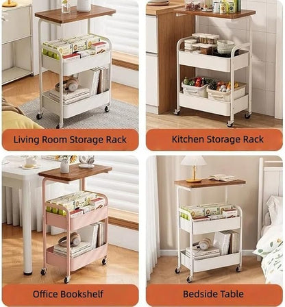 3Tier Rolling Cart - Metal Utility Cart with Wheels, Heavy Duty Mesh Rolling Storage Cart Organizer for Kitchen Office Bedroom Living Room Table (White)