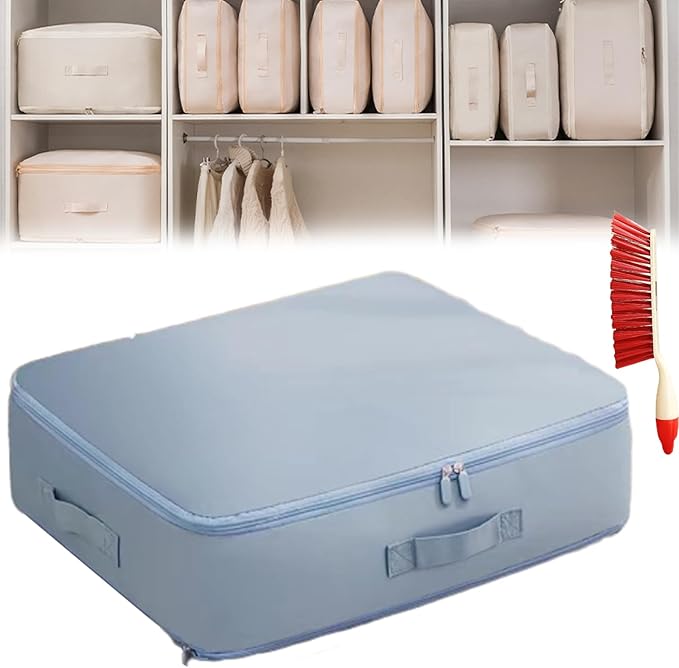 Ultra Space Saving Self Compression Organizer, 3-Layer Washable Comforter Storage Bag, Compression Bags for Storage for Storing and Organizing Winter Blanket, Duvets (Medium Blue)