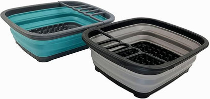 SAMMART 8L (2.11Gallons) Collapsible Plastic Dish Drainer - Foldable Drying Rack - Portable Dinnerware Organizer - Space Saving Kitchen Utensil Storage Tray (Alloy Grey + Crystal Blue (Set of 2))