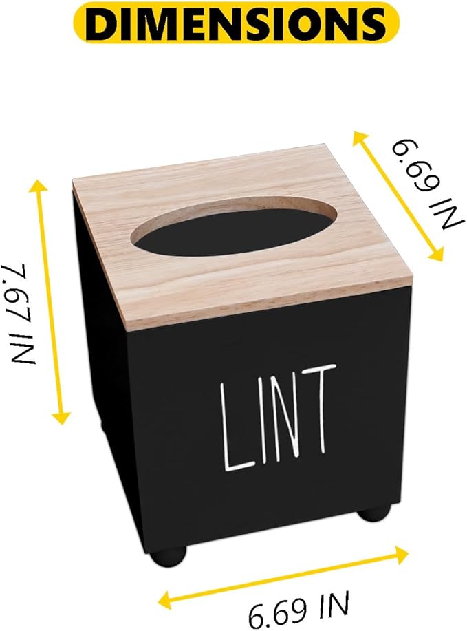 Farmhouse Wooden Lint Holder with Lid - Dryer Lint Trash Can for Laundry Room Decor (Black)
