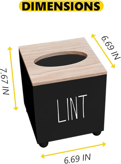 Farmhouse Wooden Lint Holder with Lid - Dryer Lint Trash Can for Laundry Room Decor (Black)