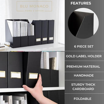 BLU MONACO | Cardboard Magazine File Holder Set of 6 Black | Vertical Magazine File Holder with Gold Label Slots | Standing File Holder and Cardboard Bins for Shelves Desk Storage