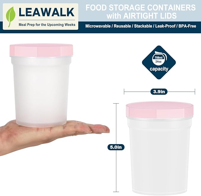 LEAWALK Reusable Food Freezer Storage Containers with Lids, BPA Free Twist Top Deli Container, Leak Proof, Stackable, Microwave and Dishwasher Safe (6, Pink (24oz-6Pack), 24oz)