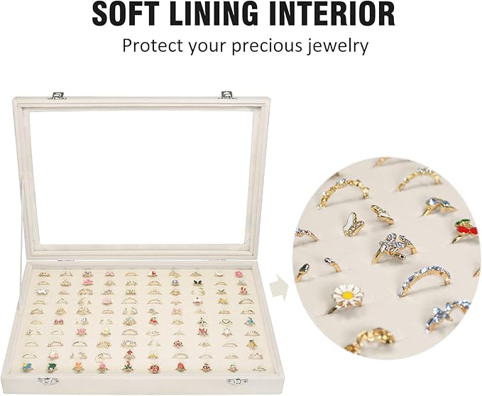 Rings Organizer Tray 100 Slot Velvet Ring Earring Storage Box TranSparent Cover Jewelry Store Ring Display Box Jewelry Display Cabinet for Girl Wife Mother