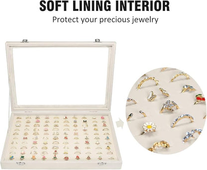 Rings Organizer Tray 100 Slot Velvet Ring Earring Storage Box TranSparent Cover Jewelry Store Ring Display Box Jewelry Display Cabinet for Girl Wife Mother