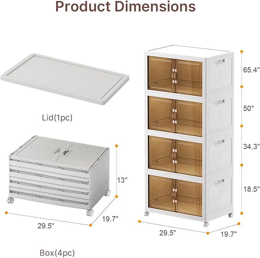 Extra Large Stackable Storage Bins, Lockable Storage Bins with Lids, Folding Storage box with Doors and Wheels, Collapsible Plastic Drawers for Home, Garage, Office (4, White, Extra Large)