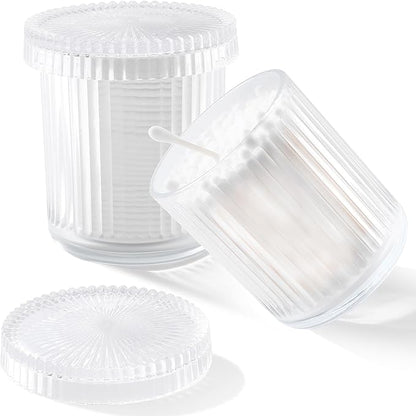 rejomiik Glass Qtip Holder Dispenser 2 Pack, Bathroom Canister Apothecary Jars with Lids, Vanity Makeup Accessories Storage Organizer for Cotton Swabs, Cotton Balls, Pads, Floss Picks, Clear