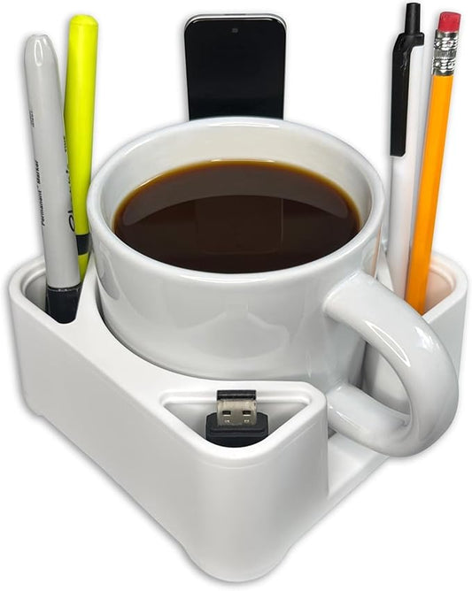MugBrick Spill-Proof Mug Holder and Desk Organizer. Non-Tip Coffee Cup Holder with Pockets for Pens and Small Remotes. Ideal for Bed, Desktop or Couch, Gift for Coffee Drinkers, White