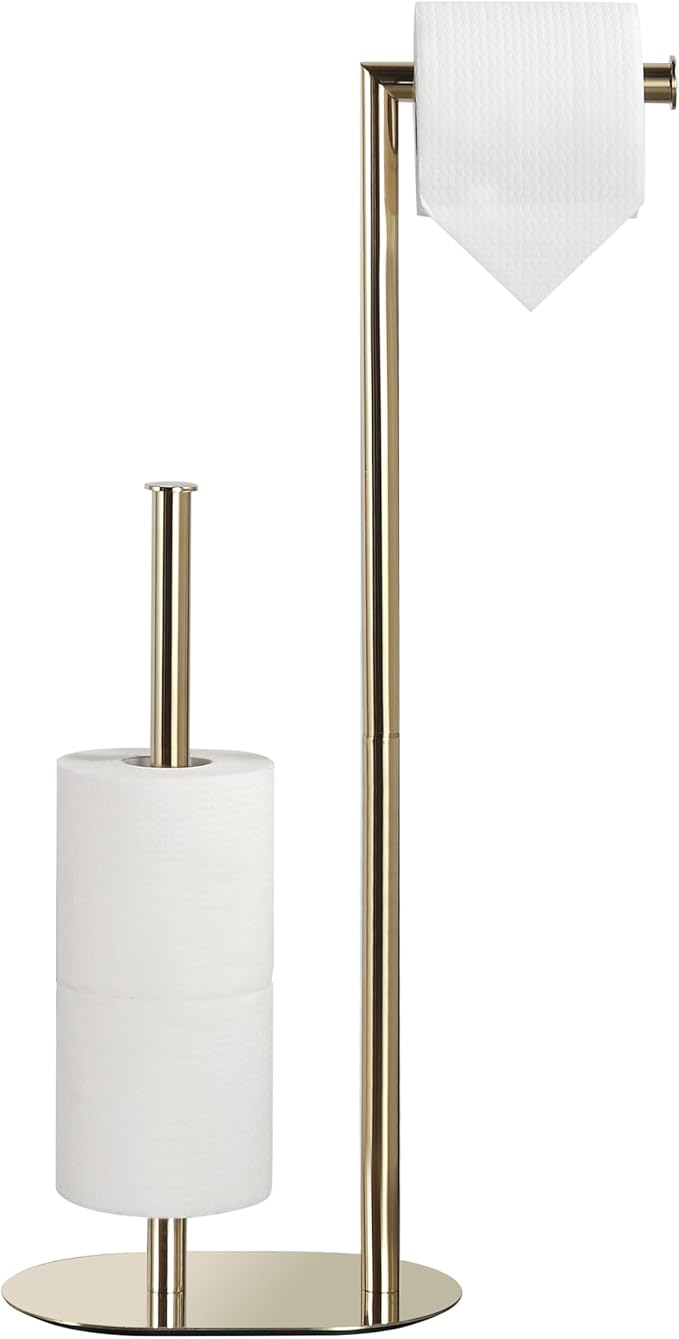Gold Freestanding Toilet Paper Holder with Reserve for Bathroom with Weighted Base, Modern Tissue Roll Holder Stand