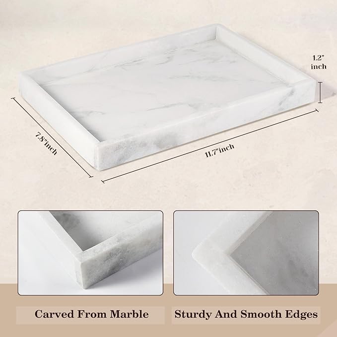 Erongoo Real Natural Marble Tray, 11.7" x 7.8" Decorative Vanity Tray for Bathroom Countertop, Kitchen Counter, or Catchall, White Coffee Table Tray for Jewelry, Perfume, Candles, Office, Home Decor